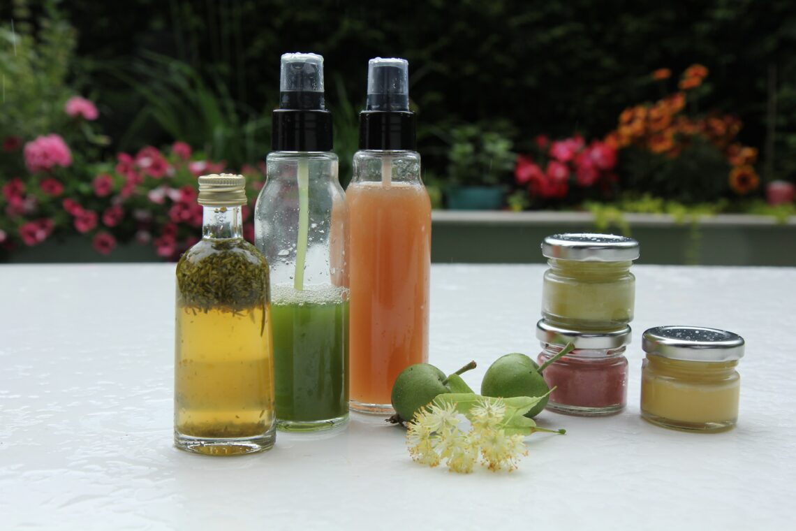 A group of glass bottles on a table
